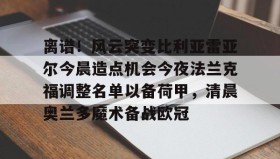 万博全站-离谱！风云突变比利亚雷亚尔今晨造点机会今夜法兰克福调整名单以备荷甲，清晨奥兰多魔术备战欧冠的简单介绍